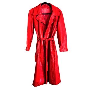 RED VINTAGE GENUINE LEATHER TRENCH COAT WAIST TIES CHERRY 🍒